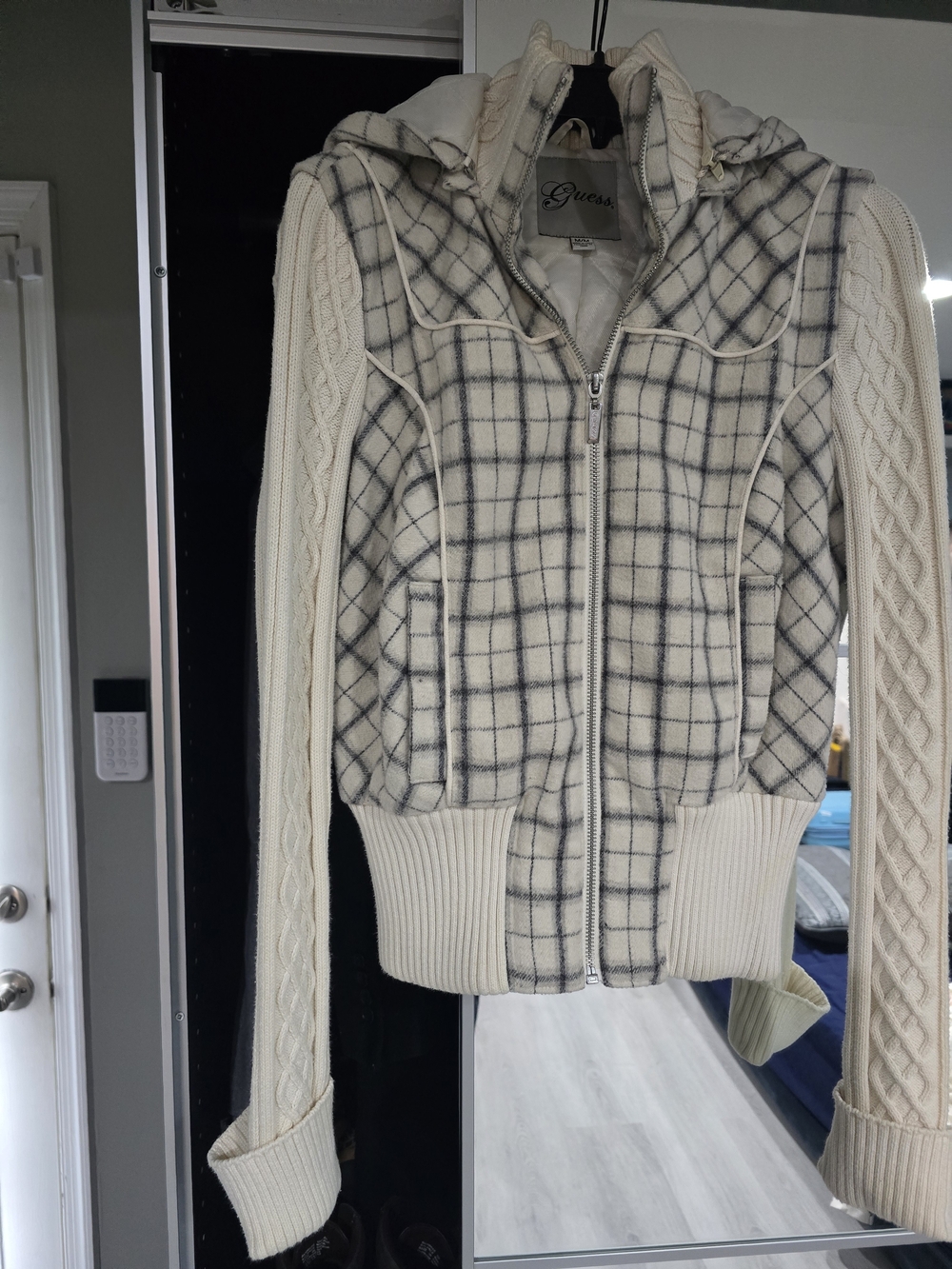Guess Cream and Navy Plaid Cable-Knit Zip Hoodie